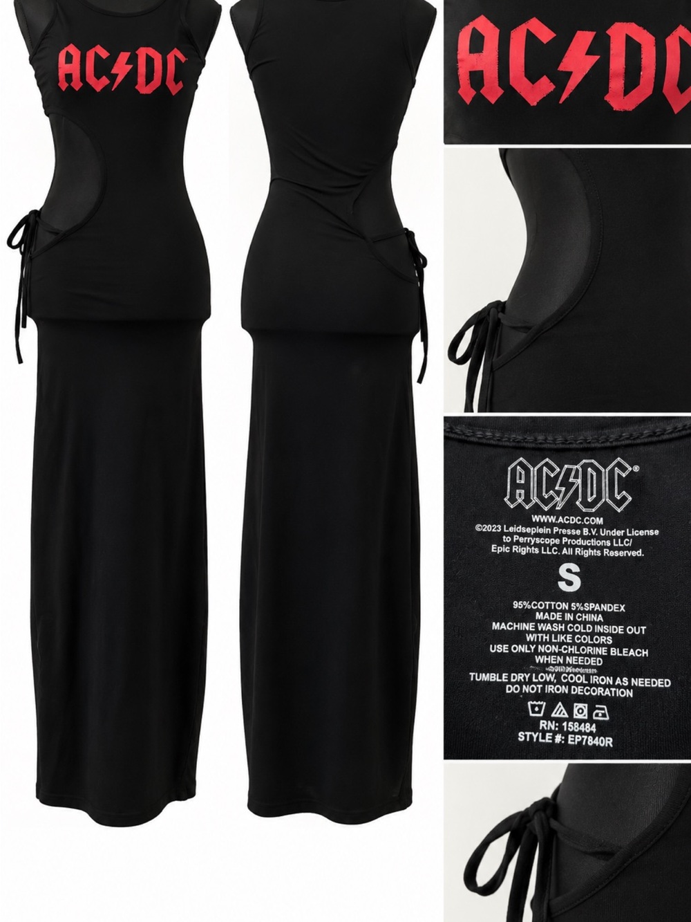 AC/DC Black Maxi Dress with Red Logo and Side-Tie